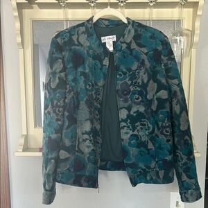Floral Teal and Gray Zip Up Jacket